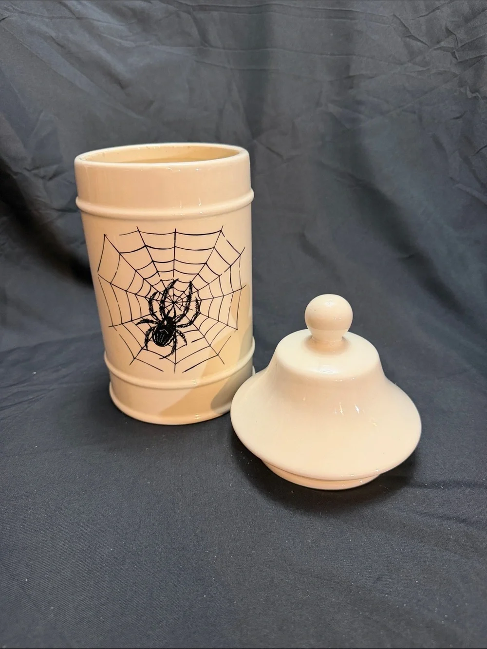 Vintage Cream Ceramic Canister with Black Spider Web Design